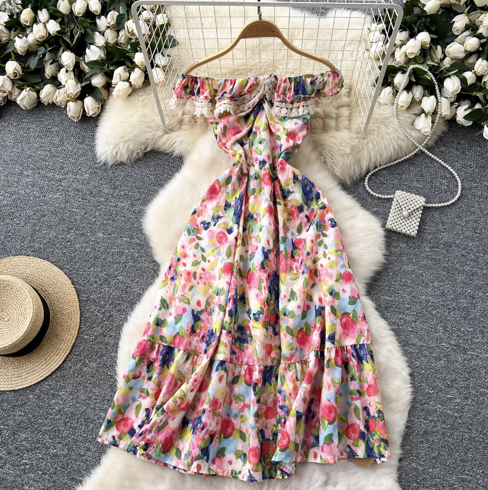Off-shoulder Ink Painting Floral Dress