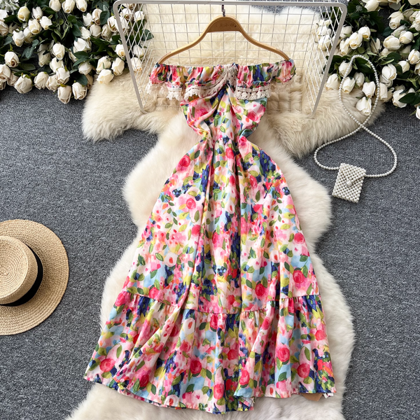 Off-shoulder Ink Painting Floral Dress