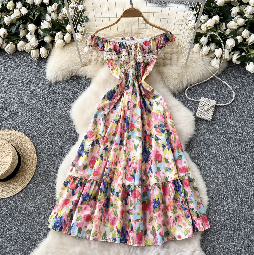 Off-shoulder Ink Painting Floral Dress