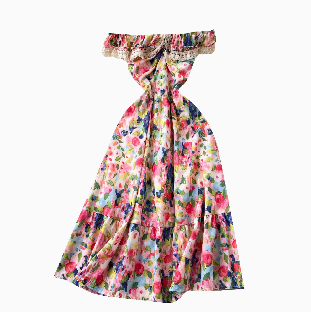 Off-shoulder Ink Painting Floral Dress