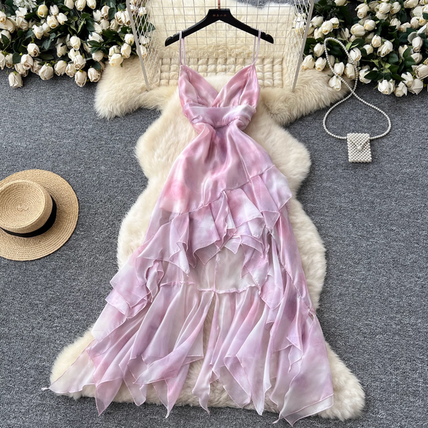 Niche Pink Tie-dye Ruffled Slip Dress
