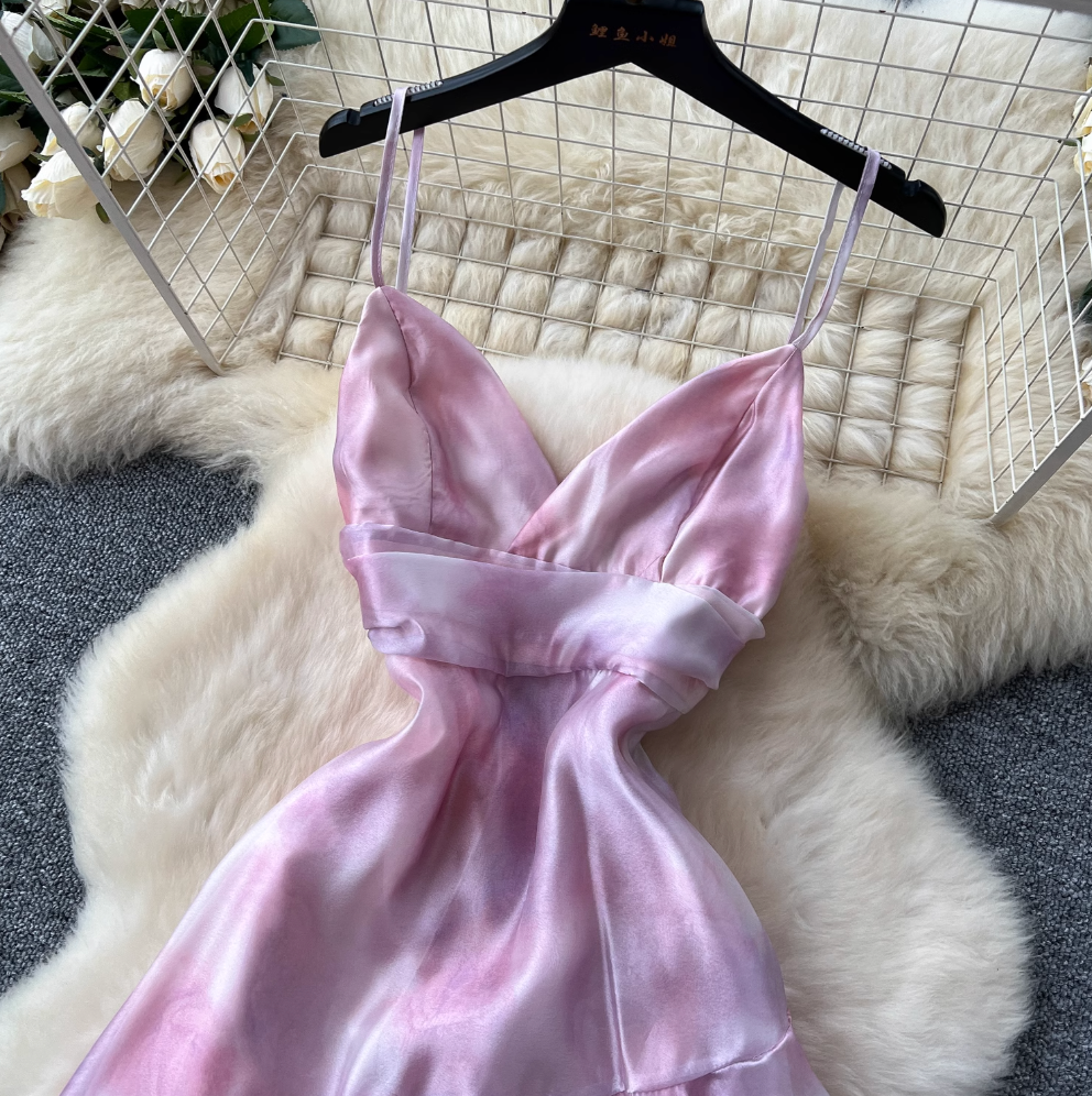 Niche Pink Tie-dye Ruffled Slip Dress