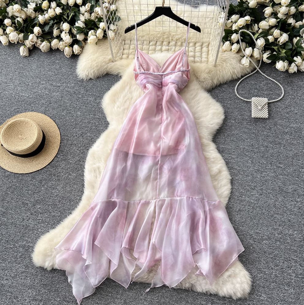 Niche Pink Tie-dye Ruffled Slip Dress