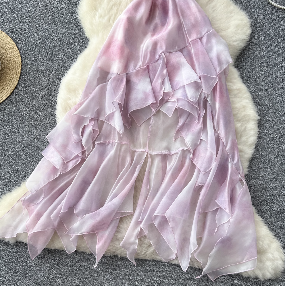 Niche Pink Tie-dye Ruffled Slip Dress