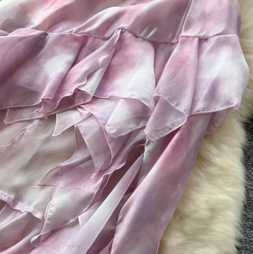Niche Pink Tie-dye Ruffled Slip Dress