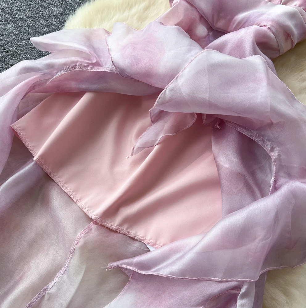 Niche Pink Tie-dye Ruffled Slip Dress