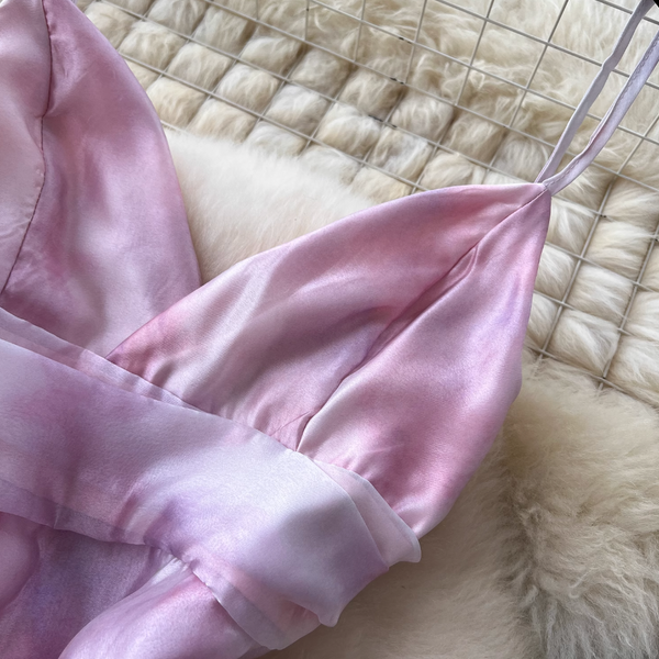 Niche Pink Tie-dye Ruffled Slip Dress