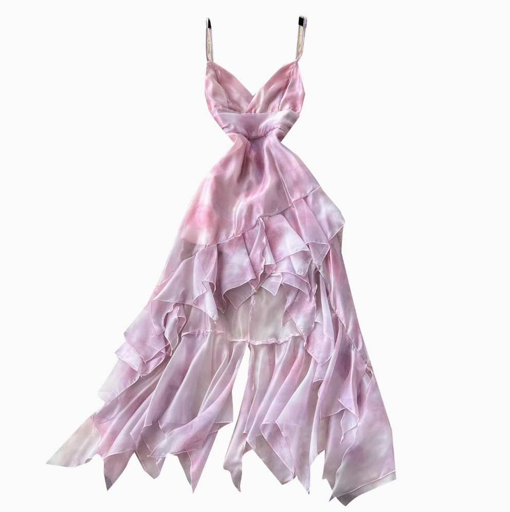 Niche Pink Tie-dye Ruffled Slip Dress
