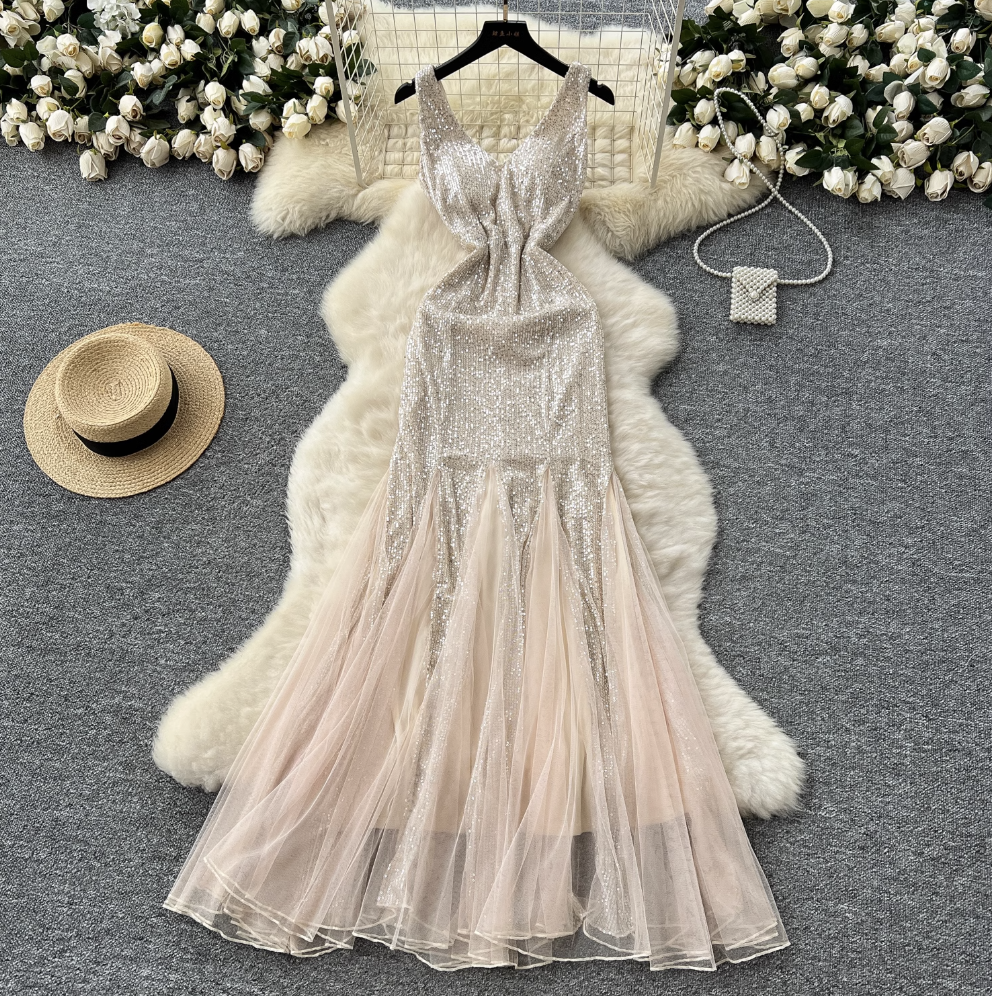 Shiny Sequin Patchwork Mesh Dress