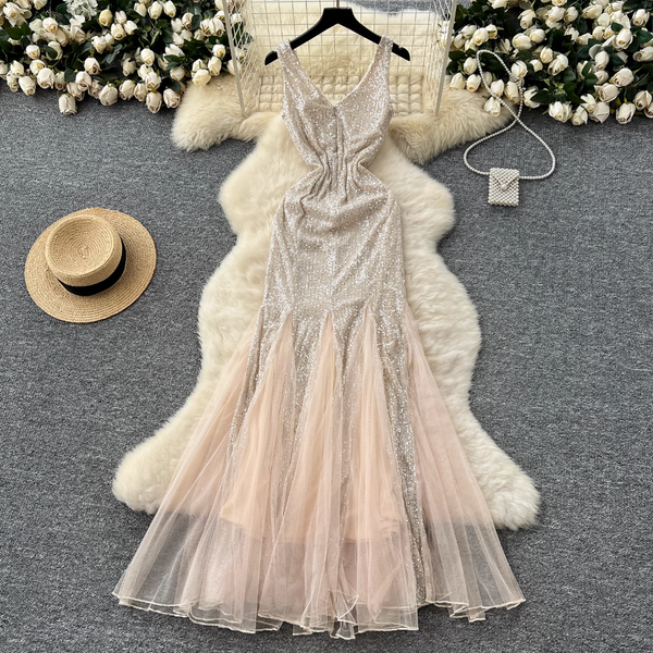 Shiny Sequin Patchwork Mesh Dress