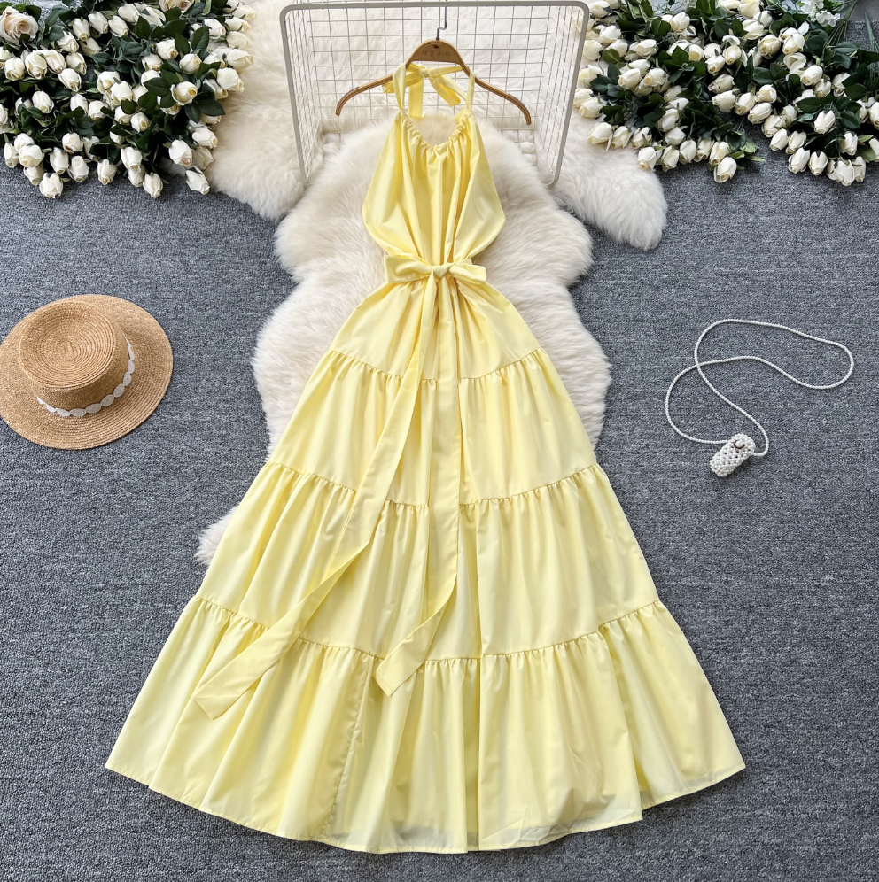 Fairy Creamy Color Ruffled Halter Dress
