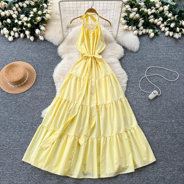Fairy Creamy Color Ruffled Halter Dress