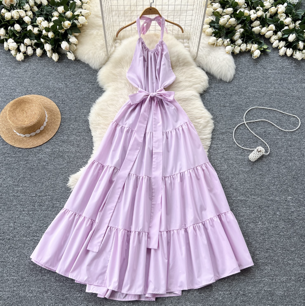 Fairy Creamy Color Ruffled Halter Dress