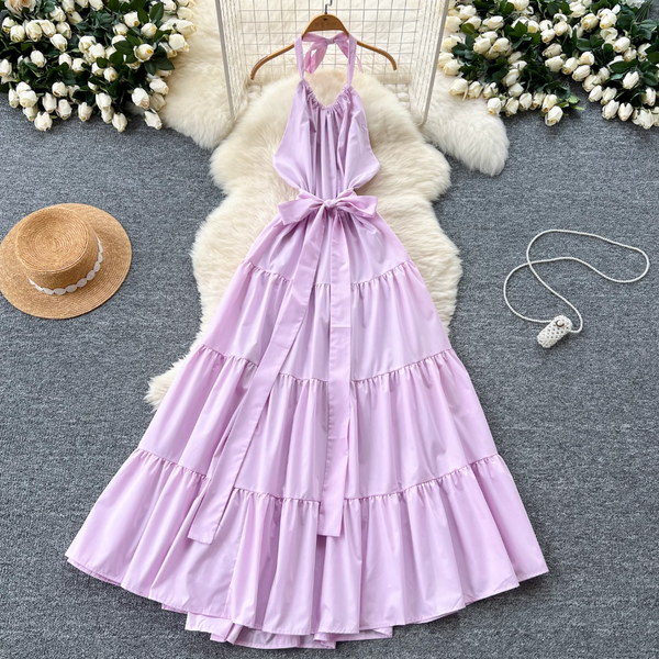 Fairy Creamy Color Ruffled Halter Dress