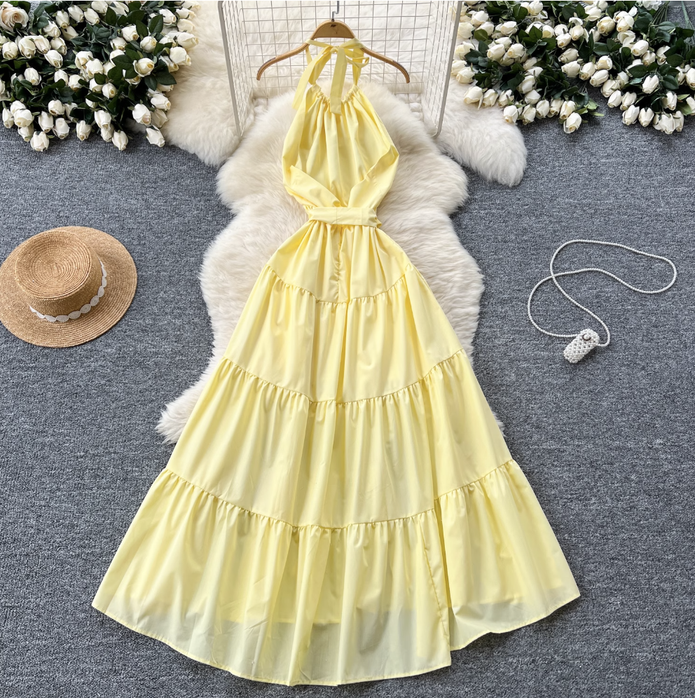 Fairy Creamy Color Ruffled Halter Dress
