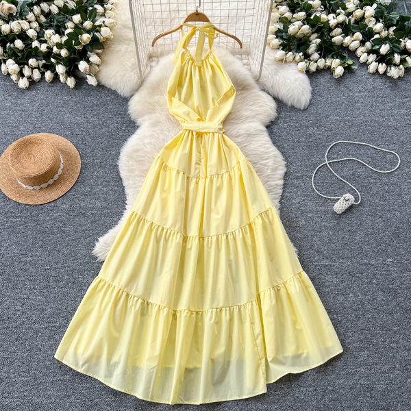 Fairy Creamy Color Ruffled Halter Dress
