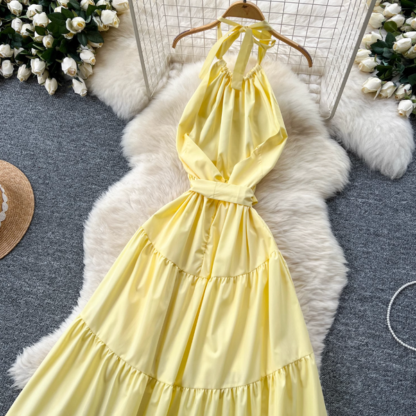 Fairy Creamy Color Ruffled Halter Dress