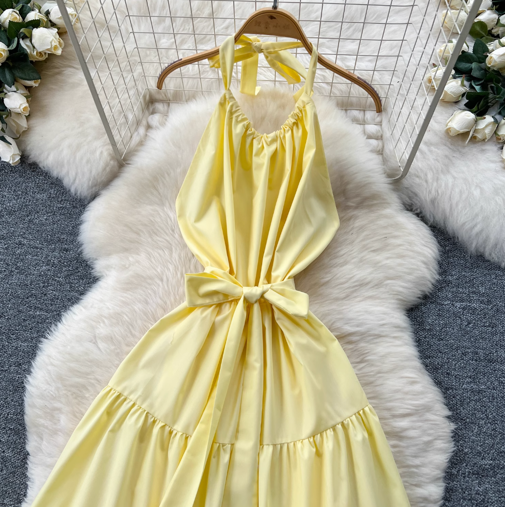 Fairy Creamy Color Ruffled Halter Dress