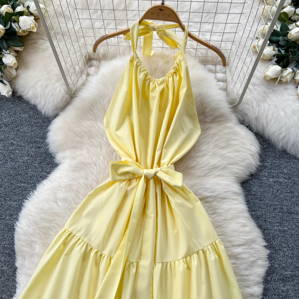 Fairy Creamy Color Ruffled Halter Dress