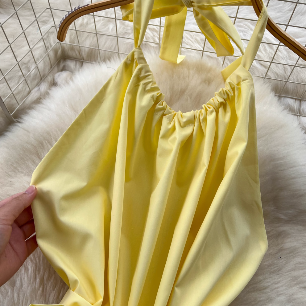 Fairy Creamy Color Ruffled Halter Dress