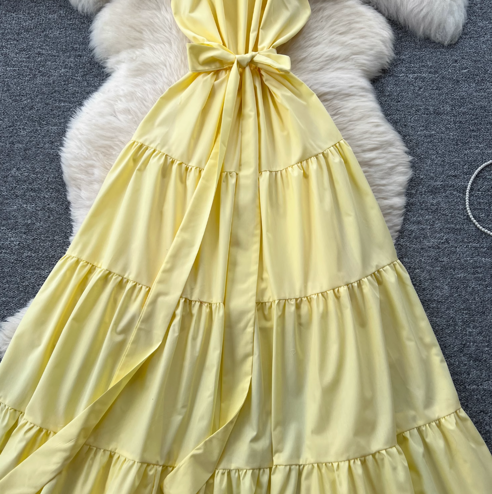 Fairy Creamy Color Ruffled Halter Dress