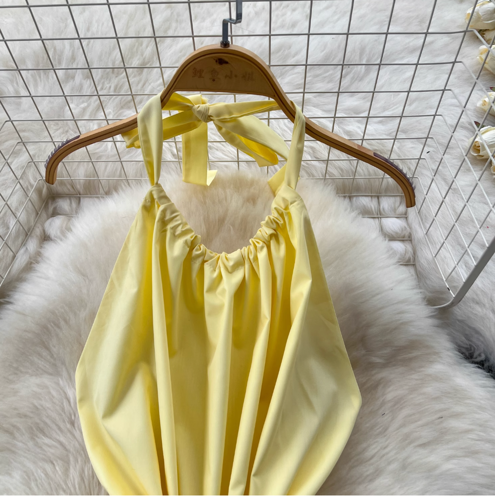 Fairy Creamy Color Ruffled Halter Dress