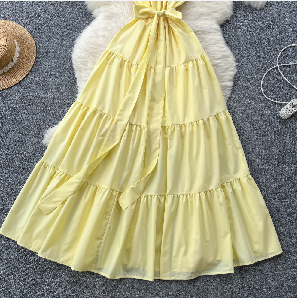 Fairy Creamy Color Ruffled Halter Dress