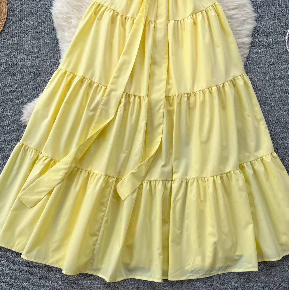 Fairy Creamy Color Ruffled Halter Dress