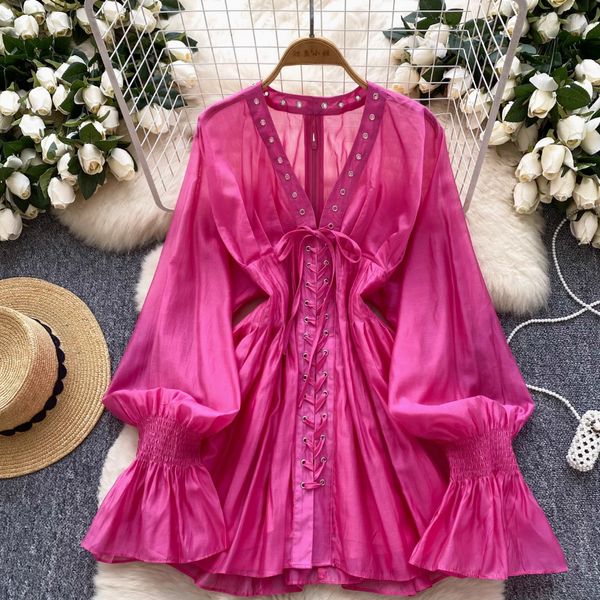 V-neck Flared Sleeve Shirt Dress