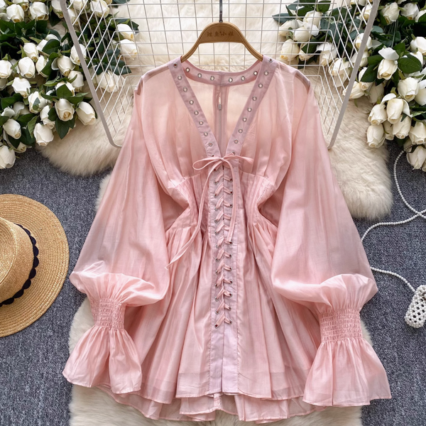 V-neck Flared Sleeve Shirt Dress