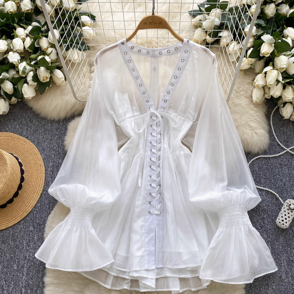 V-neck Flared Sleeve Shirt Dress