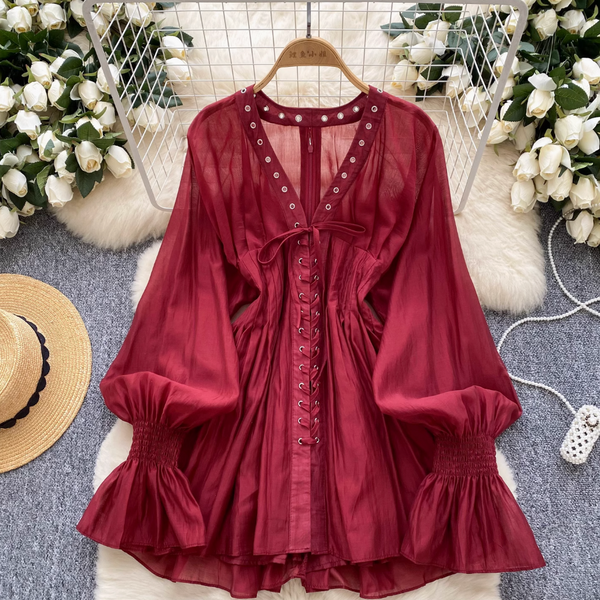 V-neck Flared Sleeve Shirt Dress