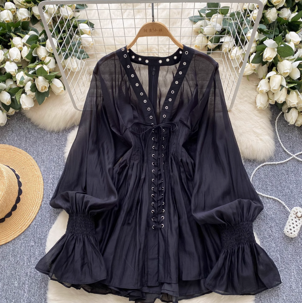 V-neck Flared Sleeve Shirt Dress