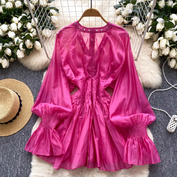 V-neck Flared Sleeve Shirt Dress