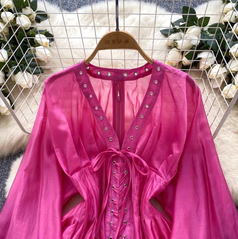 V-neck Flared Sleeve Shirt Dress
