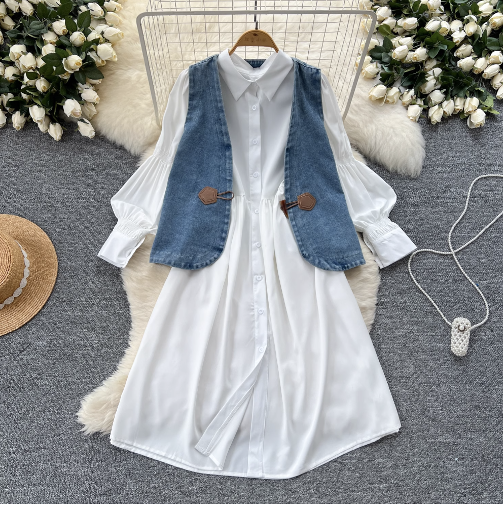 Denim Vest & White Shirt Dress 2Pcs
