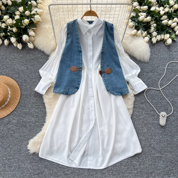 Denim Vest & White Shirt Dress 2Pcs
