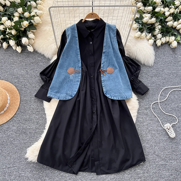 Denim Vest & White Shirt Dress 2Pcs
