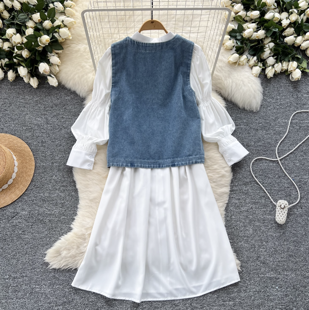 Denim Vest & White Shirt Dress 2Pcs