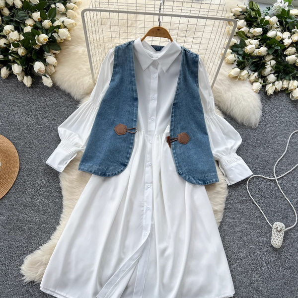 Denim Vest & White Shirt Dress 2Pcs