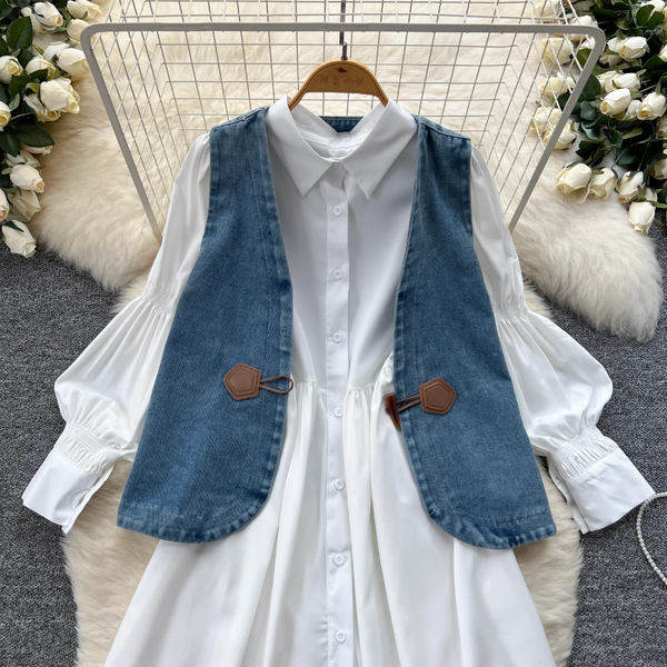 Denim Vest & White Shirt Dress 2Pcs
