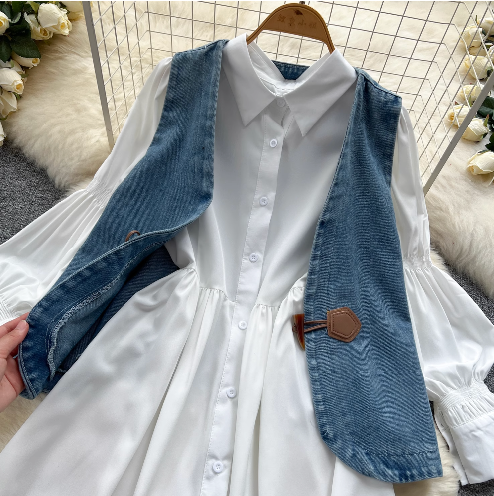 Denim Vest & White Shirt Dress 2Pcs
