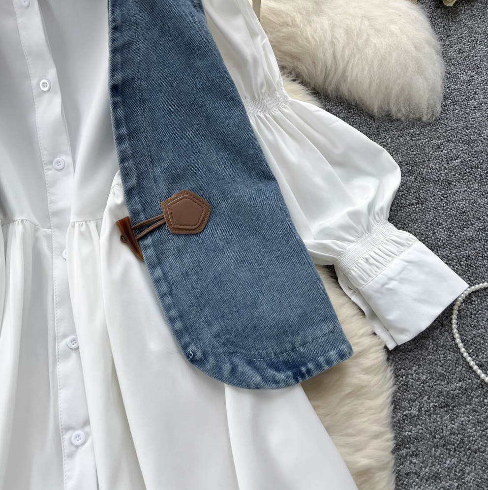 Denim Vest & White Shirt Dress 2Pcs