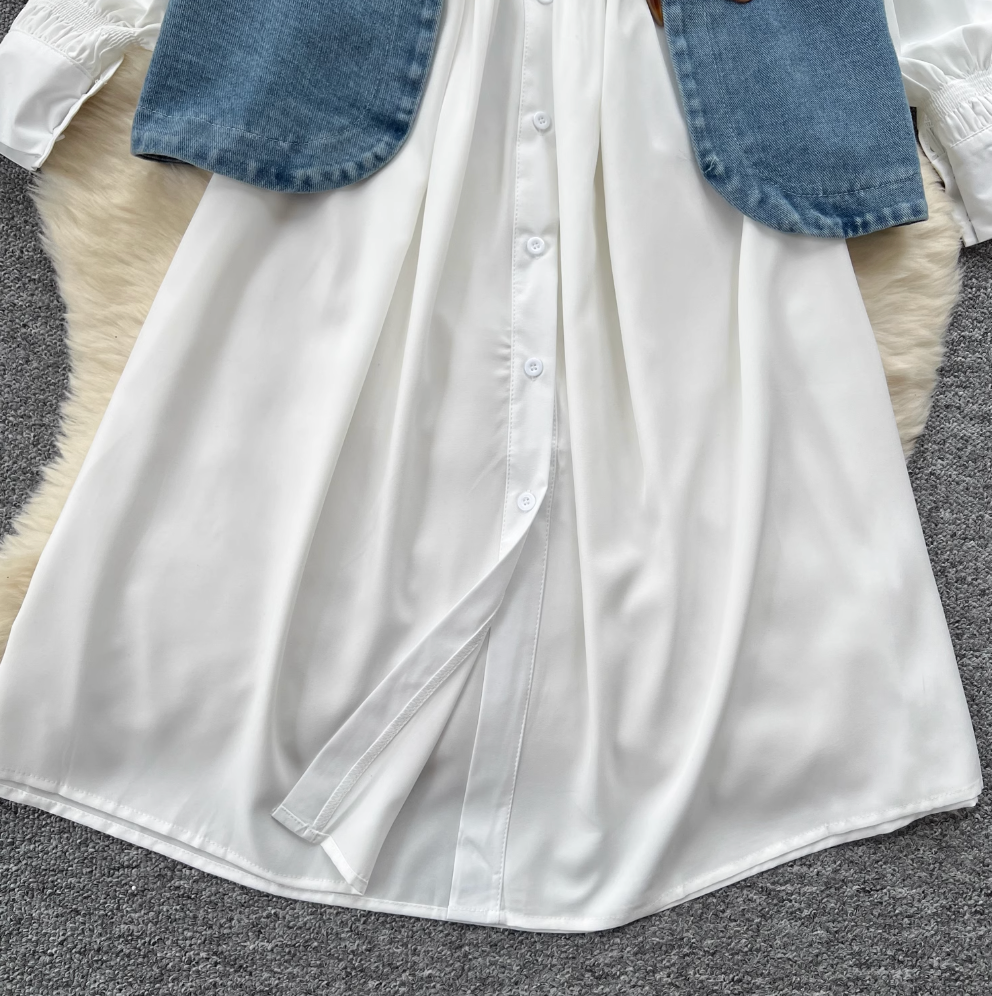Denim Vest & White Shirt Dress 2Pcs
