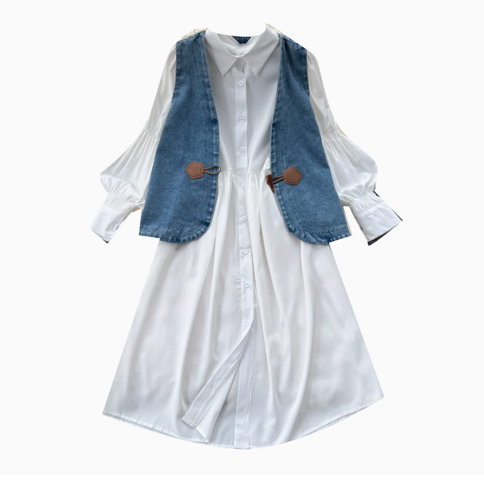 Denim Vest & White Shirt Dress 2Pcs