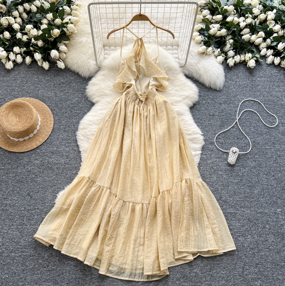 Hollowed Backless Ruffled Slip Dress