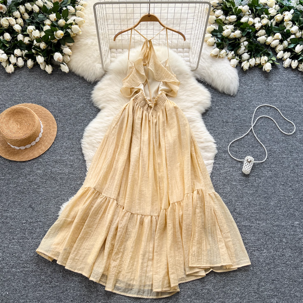 Hollowed Backless Ruffled Slip Dress