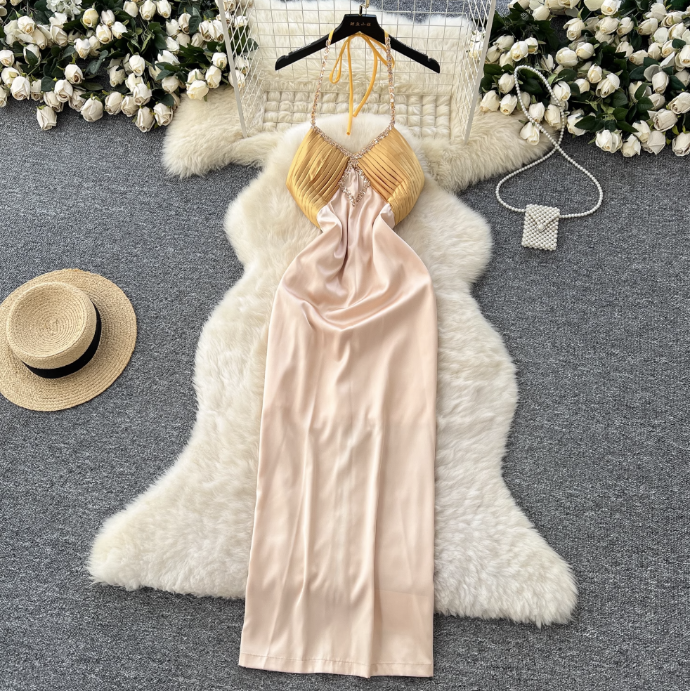 Beaded Patchwork Satin Halter Dress