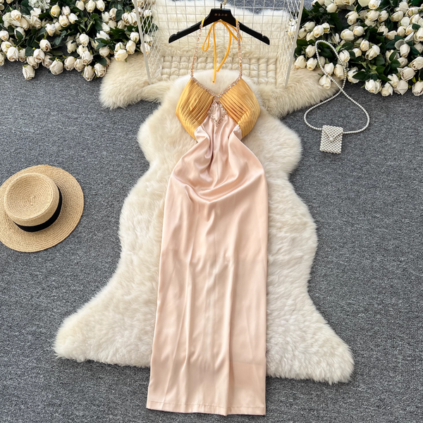 Beaded Patchwork Satin Halter Dress
