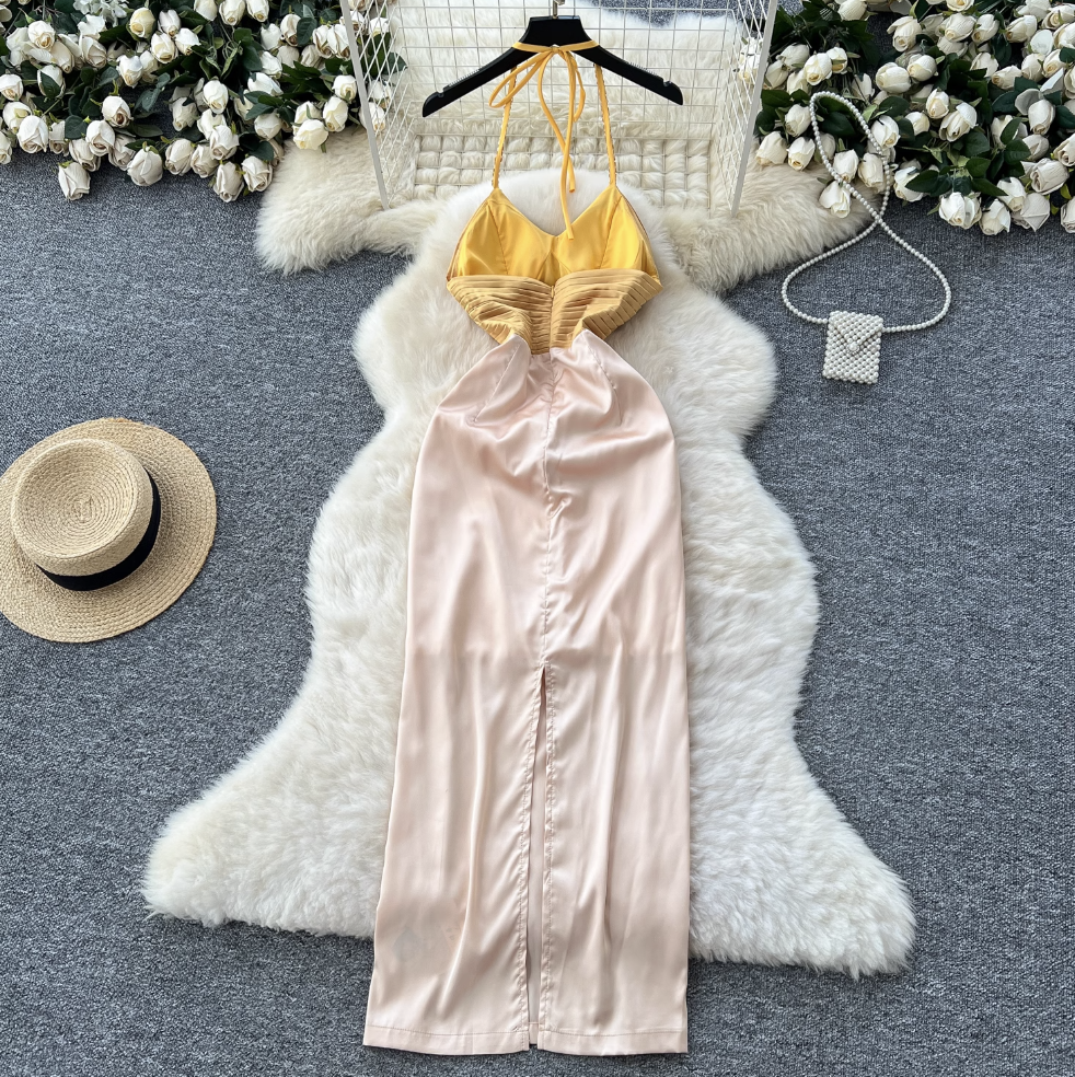Beaded Patchwork Satin Halter Dress